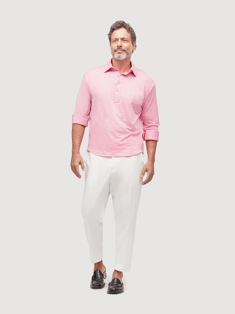 Madeira French Linen Long Sleeve Polo in *Quartz Pink* (dusty pink) — full length front view | Y.Chroma