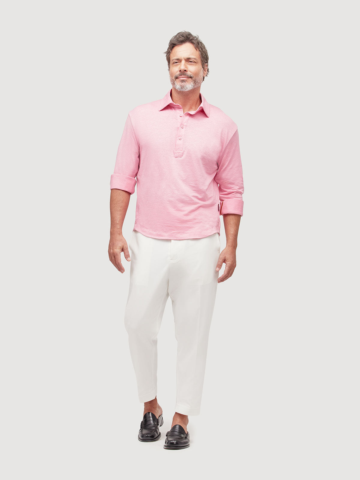 Madeira French Linen Long Sleeve Polo in *Quartz Pink* (dusty pink) — full length front view | Y.Chroma
