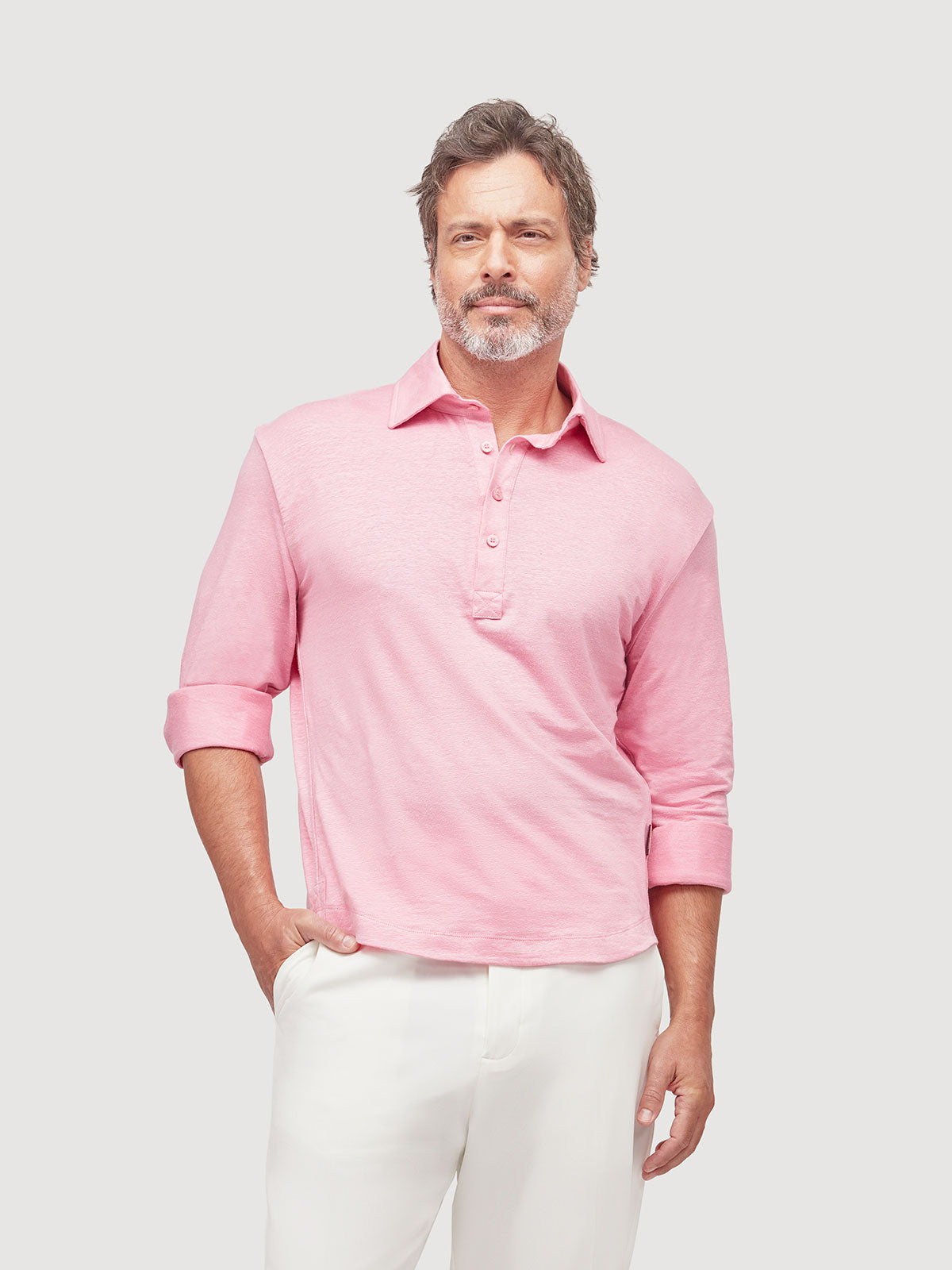 Madeira French Linen Long Sleeve Polo in *Quartz Pink* (dusty pink) — front detail view | Y.Chroma