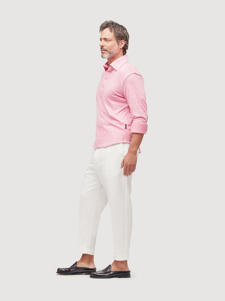 Madeira French Linen Long Sleeve Polo in *Quartz Pink* (dusty pink) — side view | Y.Chroma