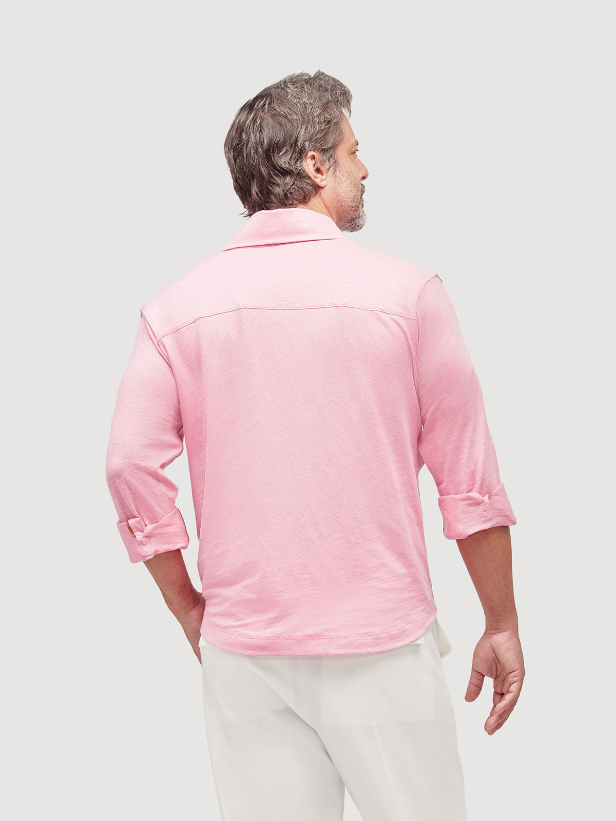 Madeira French Linen Long Sleeve Polo in *Quartz Pink* (dusty pink) — back detail view | Y.Chroma
