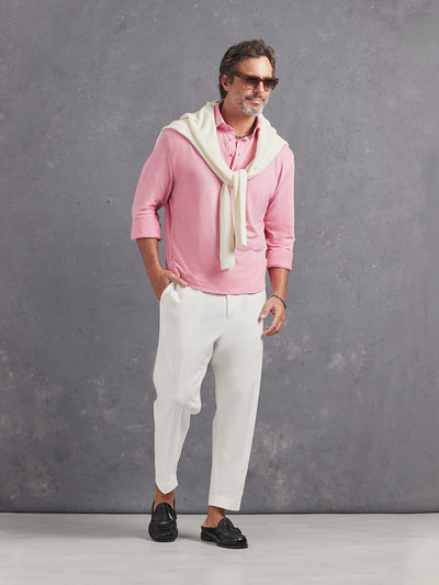 Madeira French Linen Long Sleeve Polo in *Quartz Pink* (dusty pink) styled with White Lotus Retinol Pant and White Lotus Dwayne V-Neck Cashmere Sweater on shoulders — full length lookbook | Y.Chroma