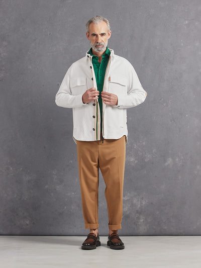 Madeira French Linen Long Sleeve Polo in *British Green* (forest green) styled with Dark Soybean Retinol Pant and White Lotus British Green Mazarin Cut Shell — full length lookbook | Y.Chroma