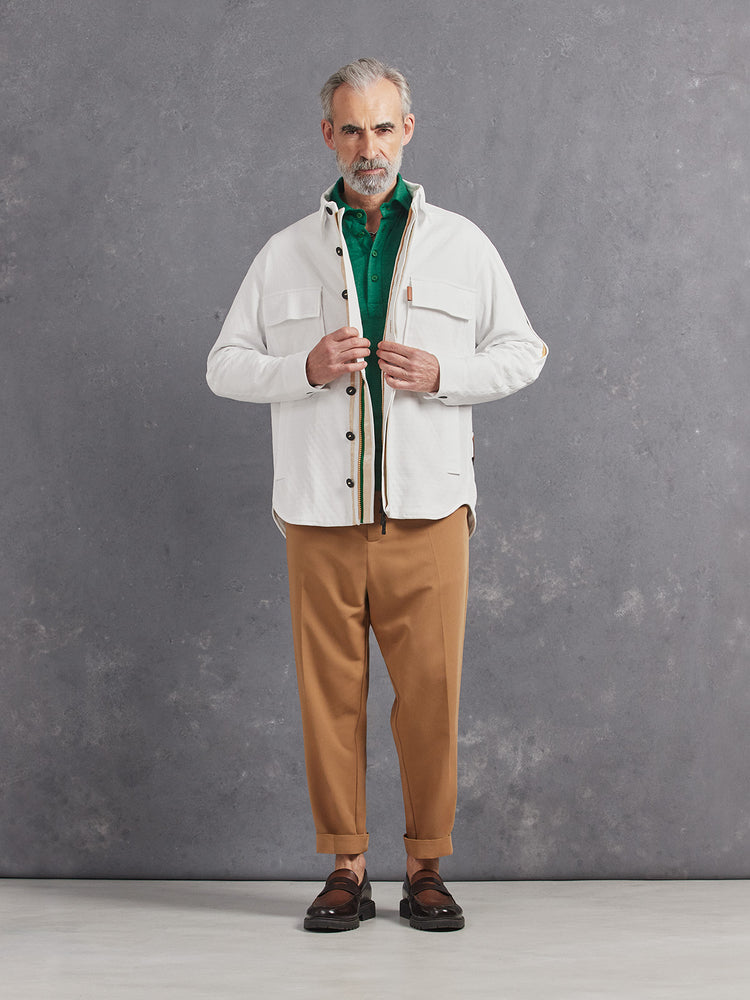 Madeira French Linen Long Sleeve Polo in *British Green* (forest green) styled with Dark Soybean Retinol Pant and White Lotus British Green Mazarin Cut Shell — full length lookbook | Y.Chroma