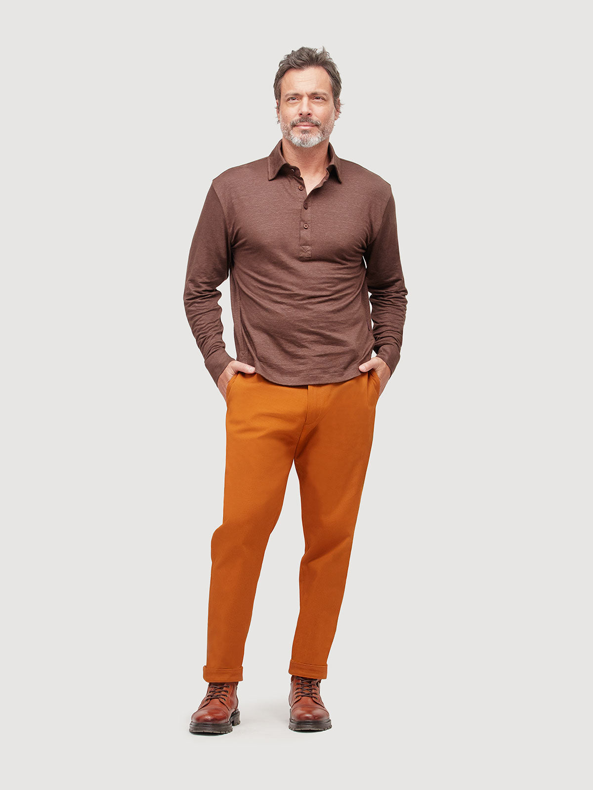 Madeira French Linen Long Sleeve Polo in *Java Brown* (warm brown) — full length front view | Y.Chroma