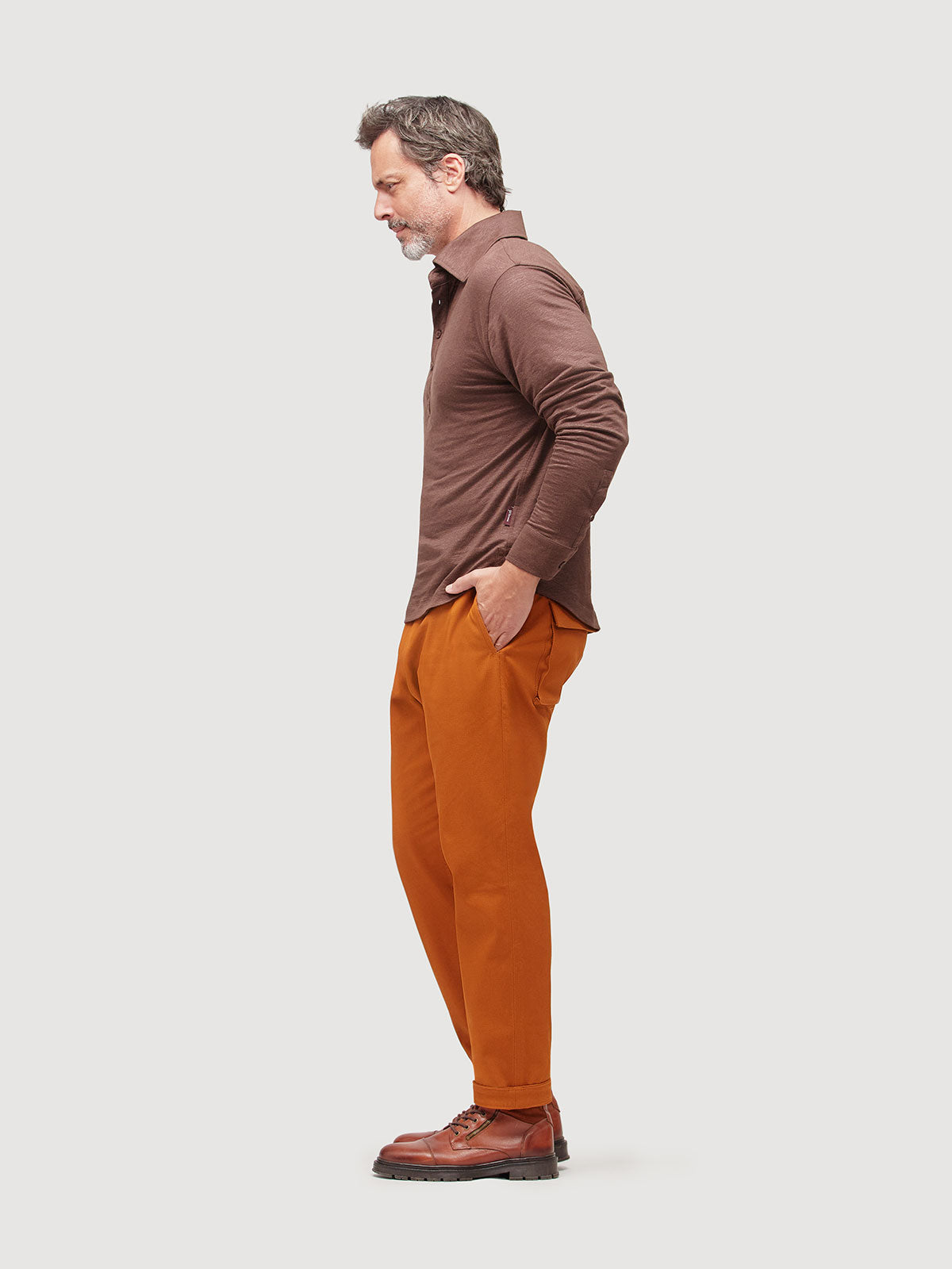 Madeira French Linen Long Sleeve Polo in *Java Brown* (warm brown) — side view | Y.Chroma