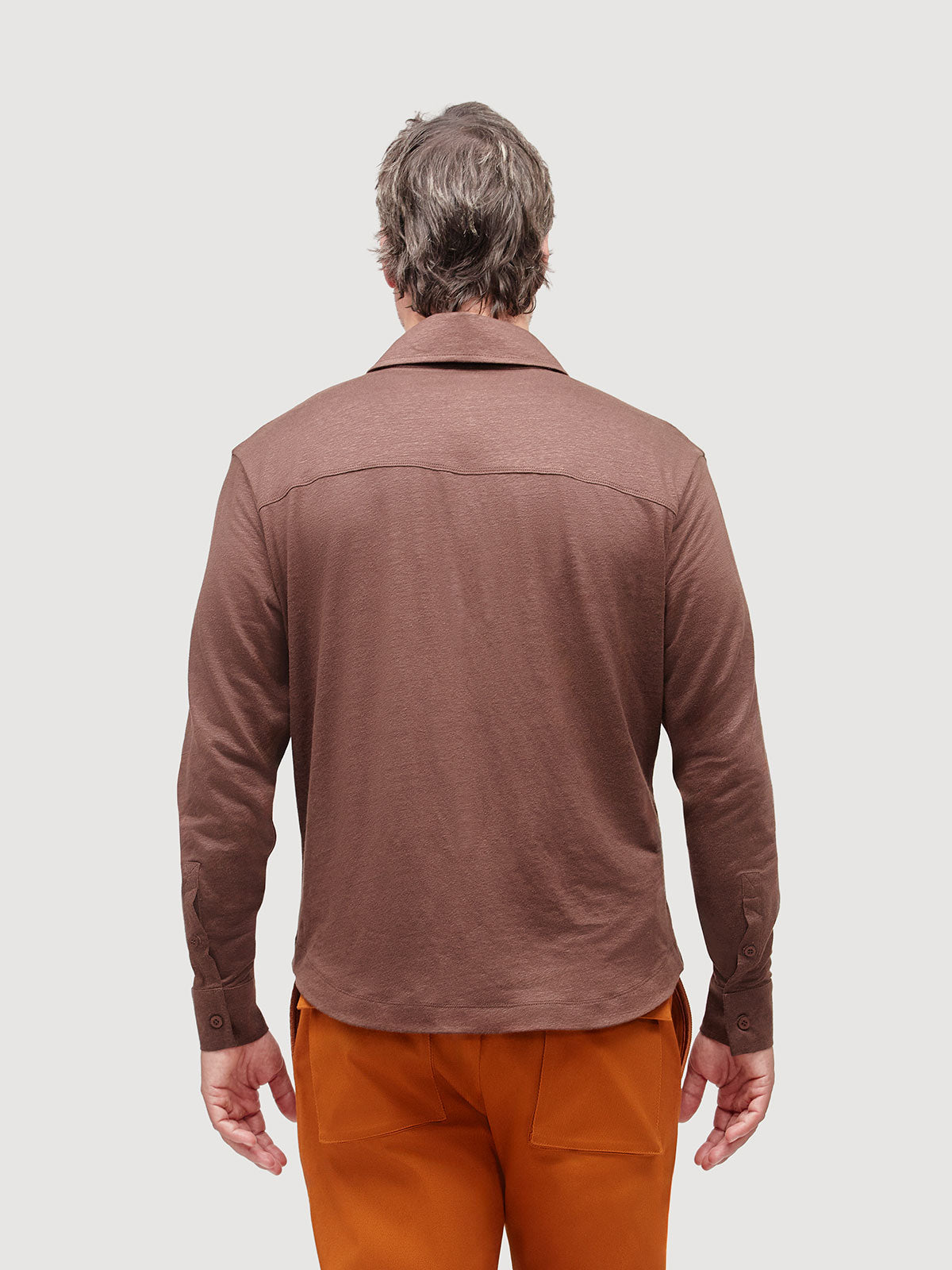 Madeira French Linen Long Sleeve Polo in *Java Brown* (warm brown) — back detail view | Y.Chroma
