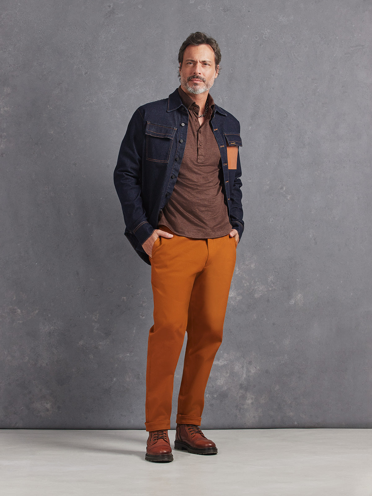 Madeira French Linen Long Sleeve Polo in *Java Brown* (warm brown) styled with Caramel Café Becker Pant and Classic Blue Cognac Pocket Denim Shirt — full length lookbook | Y.Chroma