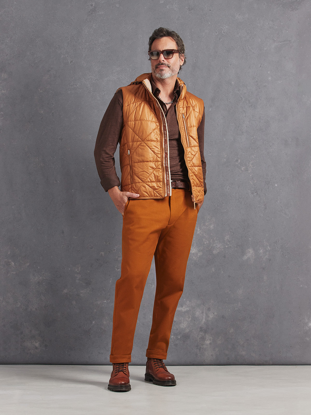 Madeira French Linen Long Sleeve Polo in *Java Brown* (warm brown) styled with Caramel Café Becker Pant and Quatro Down Vest — full length lookbook | Y.Chroma