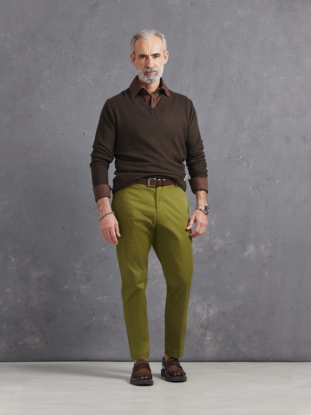 Madeira French Linen Long Sleeve Polo in *Java Brown* (warm brown) styled with Military Olive Becker Pant and Java Brown Dwayne V-Neck Cashmere Sweater — full length lookbook | Y.Chroma