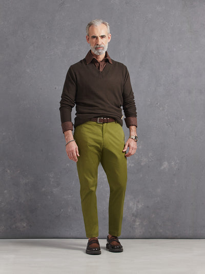 Madeira French Linen Long Sleeve Polo in *Java Brown* (warm brown) styled with Military Olive Becker Pant and Java Brown Dwayne V-Neck Cashmere Sweater — full length lookbook | Y.Chroma