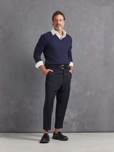 Madeira French Linen Long Sleeve Polo in *White Lotus* (off-white) styled with Midnight Blue Retinol Pant and Midnight Blue Dwayne V-Neck Cashmere Sweater — full length lookbook | Y.Chroma