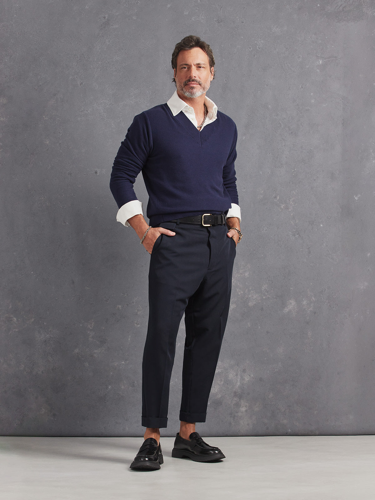 Madeira French Linen Long Sleeve Polo in *White Lotus* (off-white) styled with Midnight Blue Retinol Pant and Midnight Blue Dwayne V-Neck Cashmere Sweater — full length lookbook | Y.Chroma