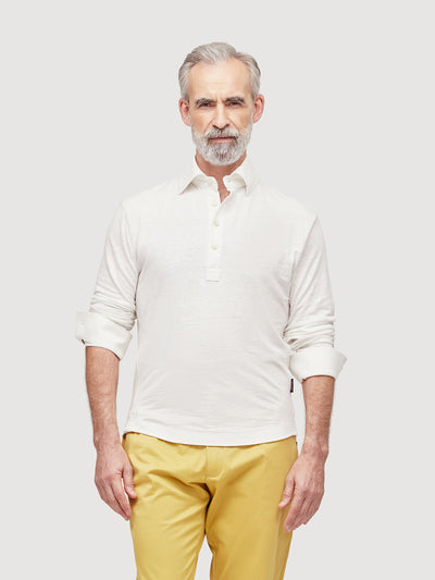 Madeira French Linen Long Sleeve Polo in *White Lotus* (off-white) — front detail view | Y.Chroma