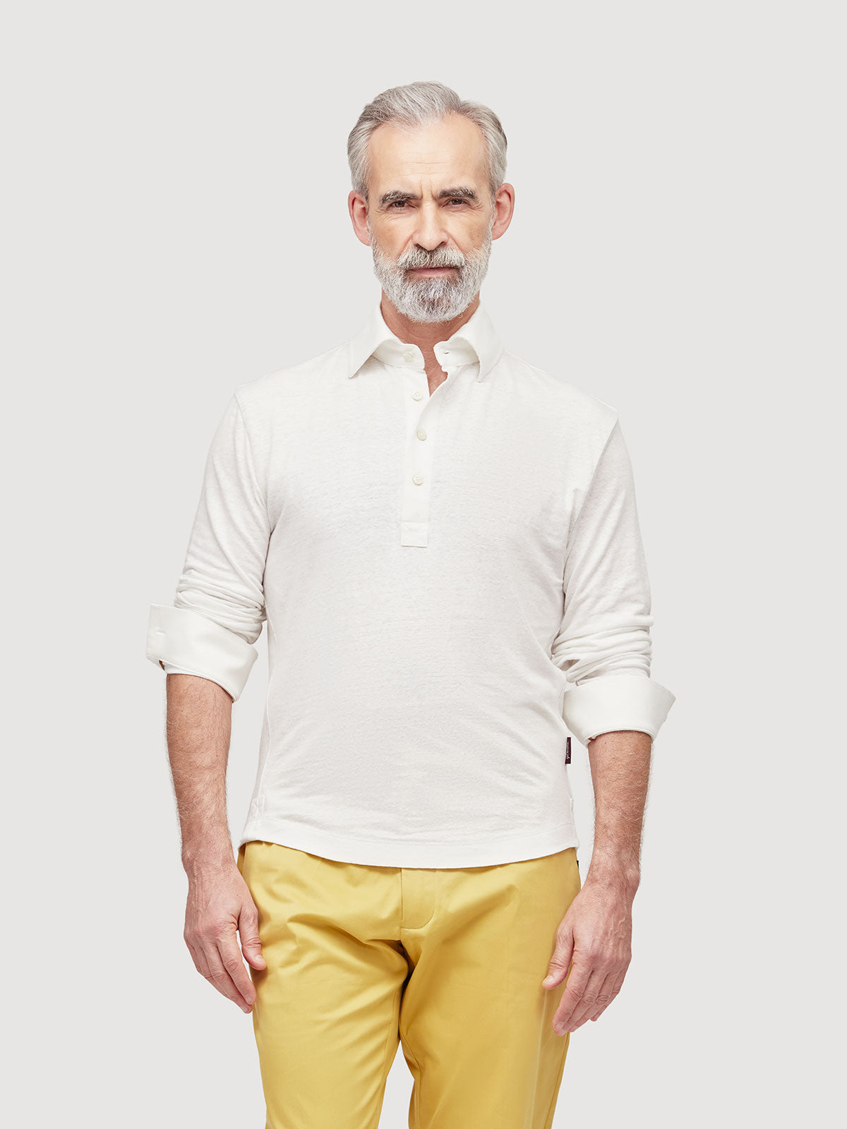 Madeira French Linen Long Sleeve Polo in *White Lotus* (off-white) — front detail view | Y.Chroma
