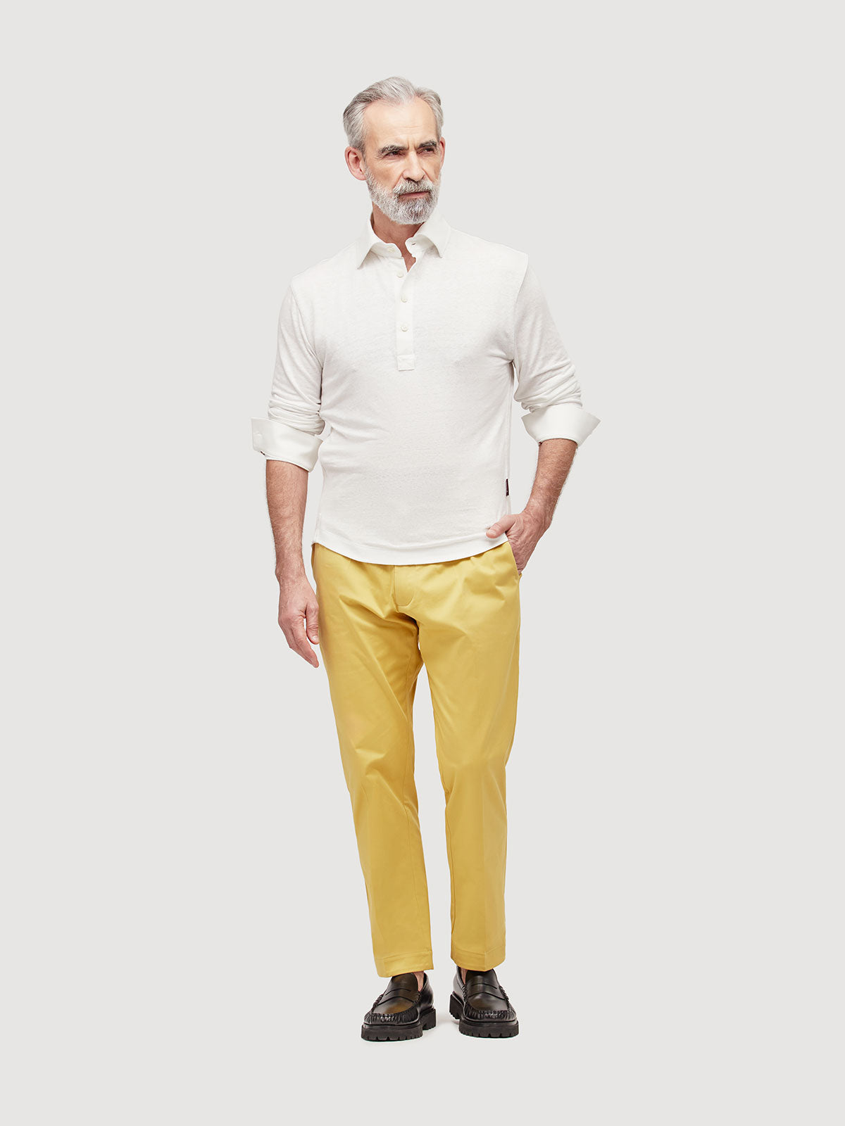 Madeira French Linen Long Sleeve Polo in *White Lotus* (off-white) — full length front view | Y.Chroma