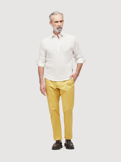 Madeira French Linen Long Sleeve Polo in *White Lotus* (off-white) — full length front view | Y.Chroma
