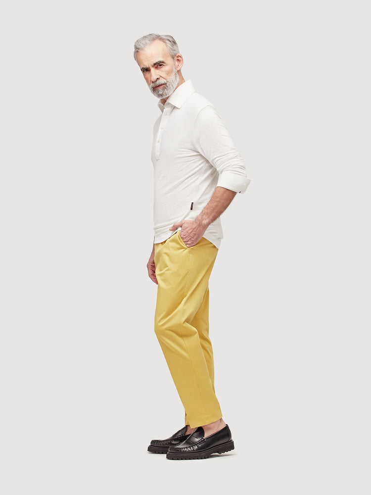 Madeira French Linen Long Sleeve Polo in *White Lotus* (off-white) — side view | Y.Chroma