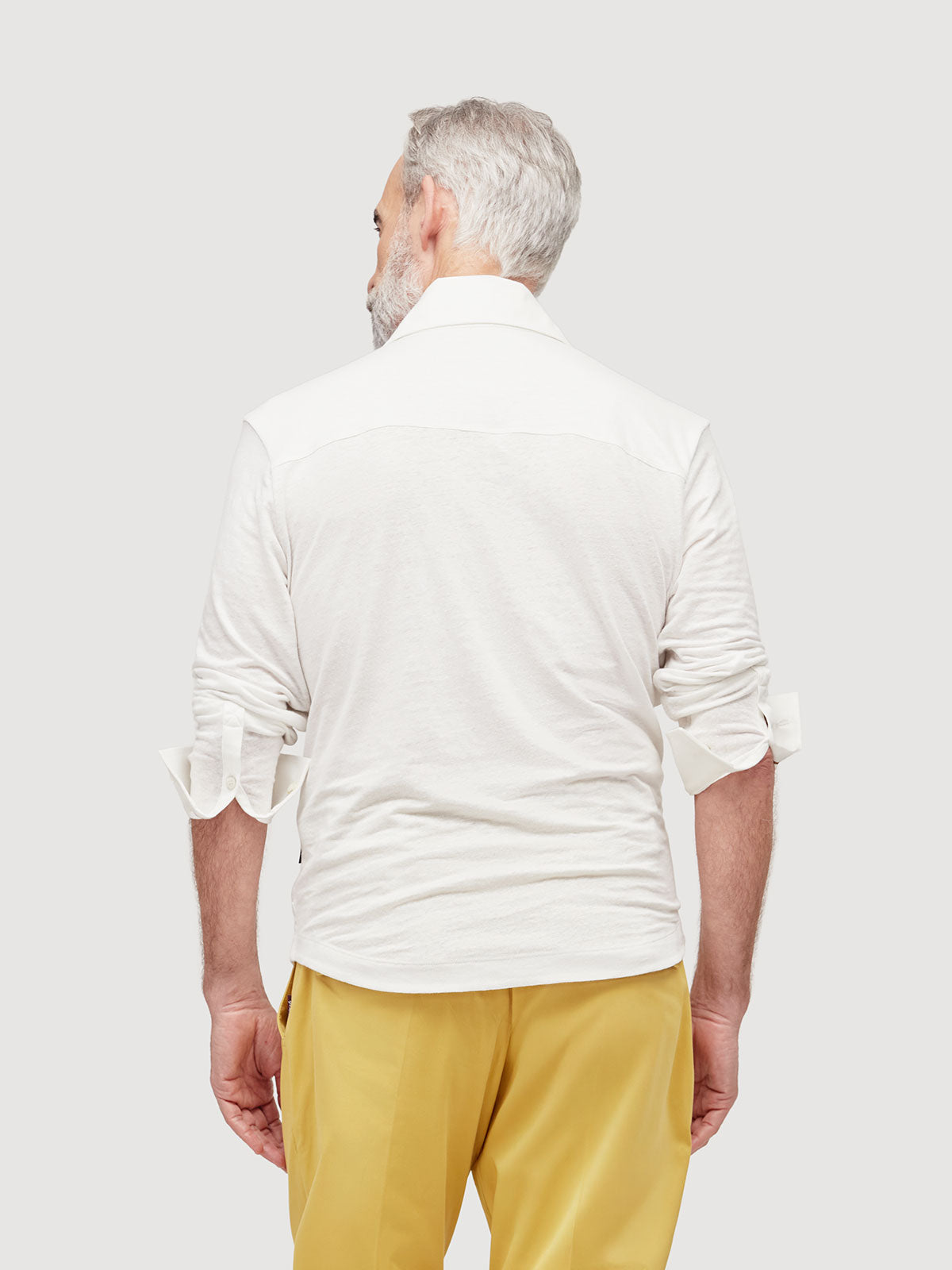 Madeira French Linen Long Sleeve Polo in *White Lotus* (off-white) — back detail view | Y.Chroma