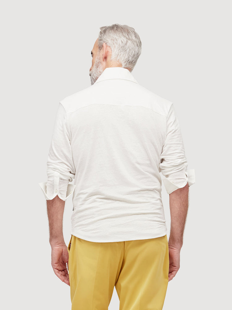 Madeira French Linen Long Sleeve Polo in *White Lotus* (off-white) — back detail view | Y.Chroma