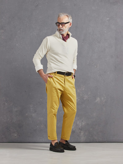 Madeira French Linen Long Sleeve Polo in *White Lotus* (off-white) styled with Royal Gold Skyline Pant and White Lotus Dwayne V-Neck Cashmere Sweater — full length lookbook | Y.Chroma
