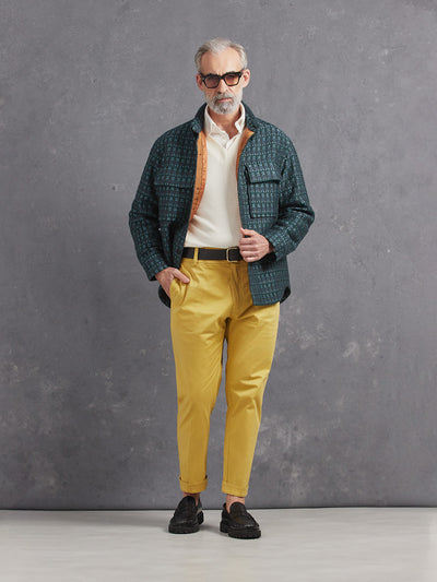 Madeira French Linen Long Sleeve Polo in *White Lotus* (off-white) styled with Royal Gold Skyline Pant, White Lotus Dwayne V-Neck Cashmere Sweater and Teal and Gray Varial Shirt-Cut Jacket — full length lookbook | Y.Chroma