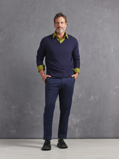 Madeira French Linen Long Sleeve Polo in *Military Olive* (olive green) styled with Midnight Blue Skyline Pant and Midnight Blue Dwayne V-Neck Cashmere Sweater — full length lookbook | Y.Chroma