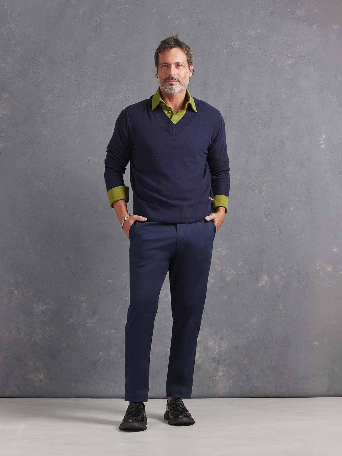 Madeira French Linen Long Sleeve Polo in *Military Olive* (olive green) styled with Midnight Blue Skyline Pant and Midnight Blue Dwayne V-Neck Cashmere Sweater — full length lookbook | Y.Chroma