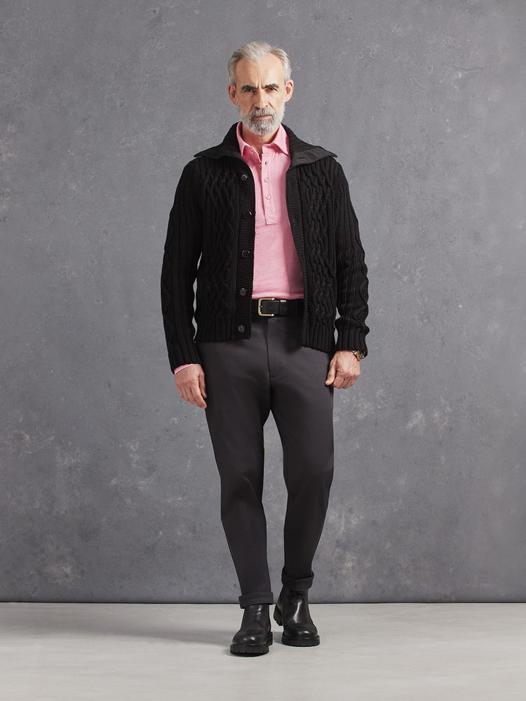 Madeira French Linen Long Sleeve Polo in *Quartz Pink* (dusty pink) styled with Obsidian Gray Becker Pant and Berlin Black Power Cable Sweater — full length lookbook | Y.Chroma