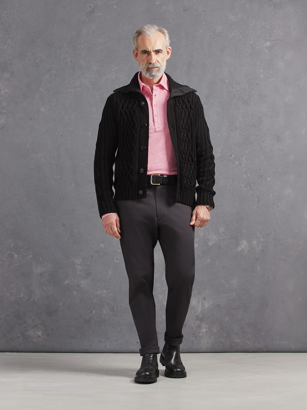 Madeira French Linen Long Sleeve Polo in *Quartz Pink* (dusty pink) styled with Obsidian Gray Becker Pant and Berlin Black Power Cable Sweater — full length lookbook | Y.Chroma