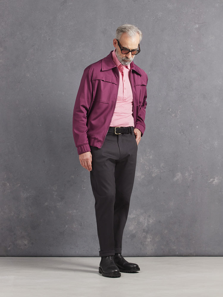 Madeira French Linen Long Sleeve Polo in *Quartz Pink* (dusty pink) styled with Obsidian Gray Becker Pant and Italian Plum Drücken Track Jacket — full length lookbook | Y.Chroma