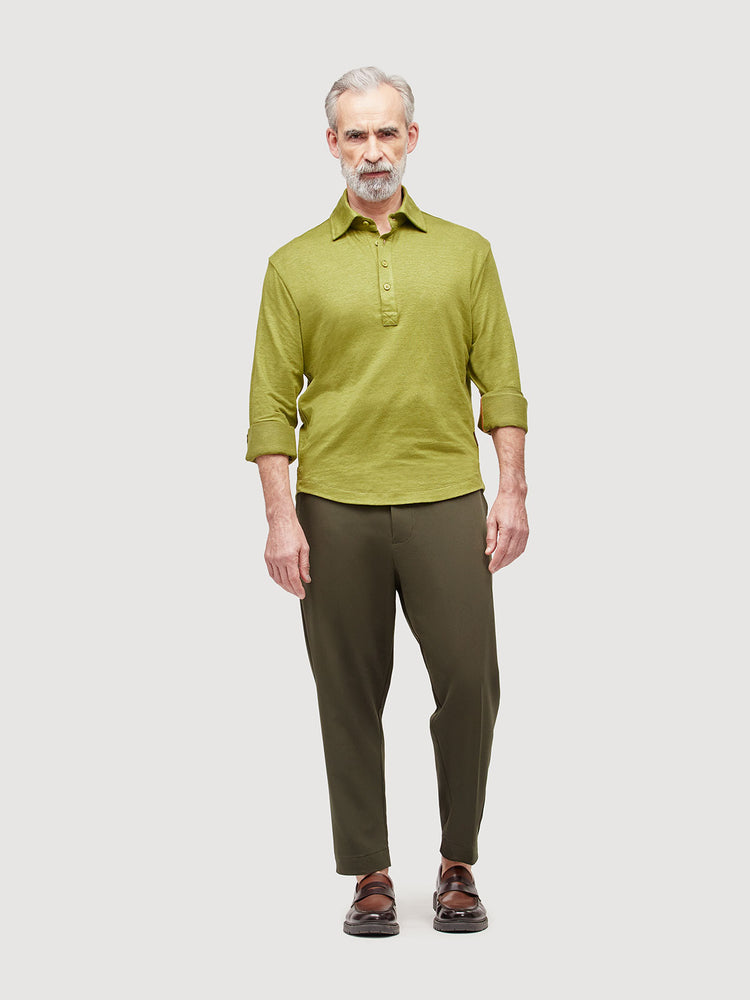 Madeira French Linen Long Sleeve Polo in *Military Olive* (olive green) — full length front view | Y.Chroma
