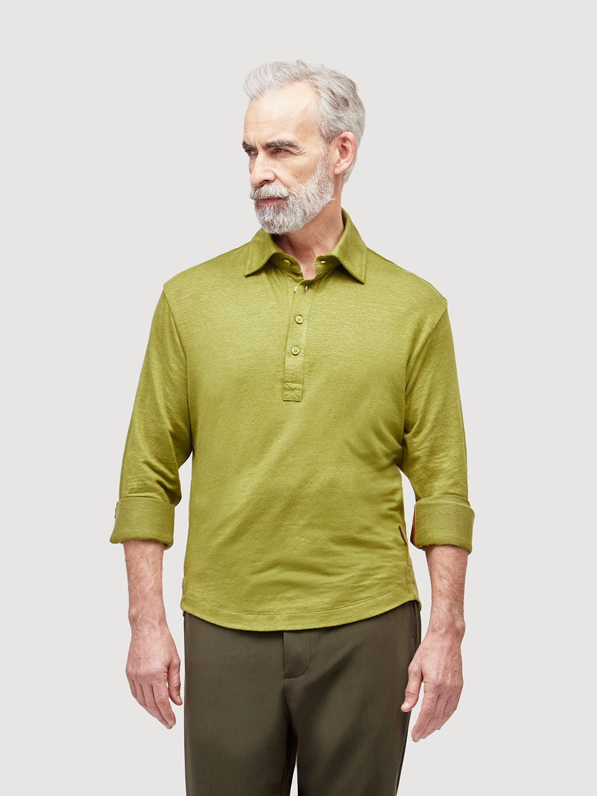 Madeira French Linen Long Sleeve Polo in *Military Olive* (olive green) — front detail view | Y.Chroma