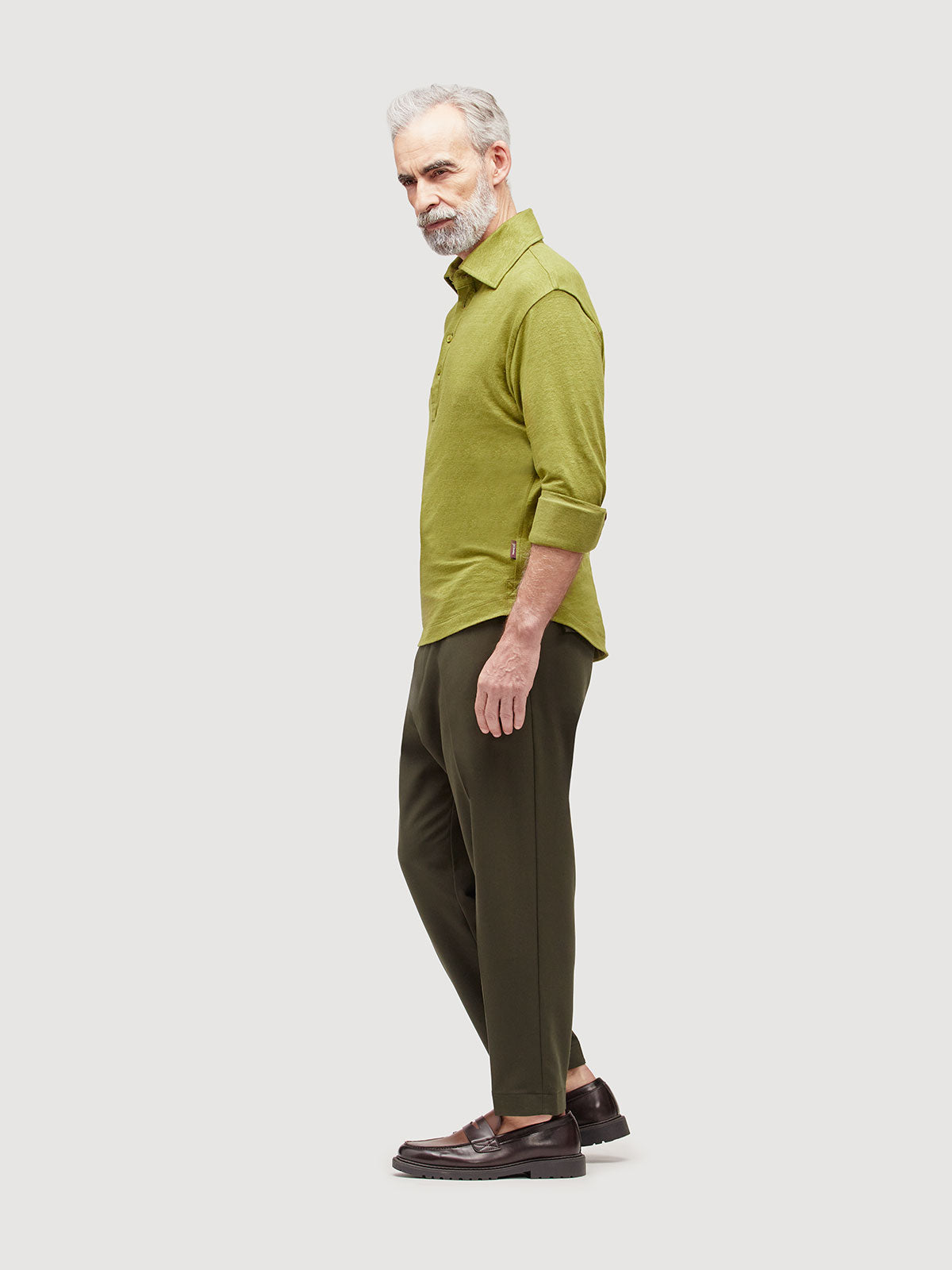 Madeira French Linen Long Sleeve Polo in *Military Olive* (olive green) — side view | Y.Chroma