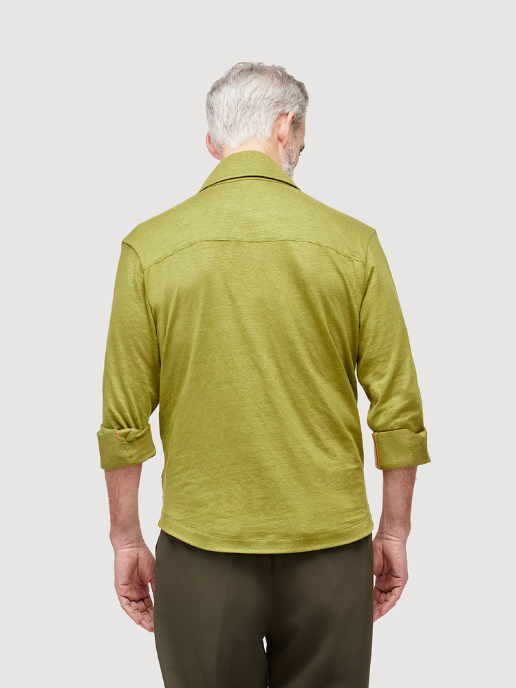 Madeira French Linen Long Sleeve Polo in *Military Olive* (olive green) — back detail view | Y.Chroma