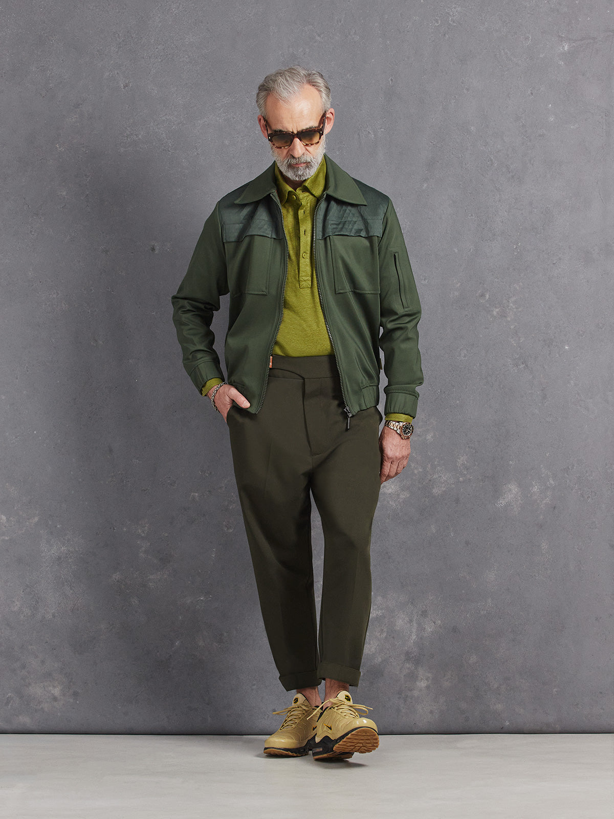 Madeira French Linen Long Sleeve Polo in *Military Olive* (olive green) styled with Dark Military Olive Retinol Pant and Military Olive Mazarin Edit Drücken Track Jacket — full length lookbook | Y.Chroma