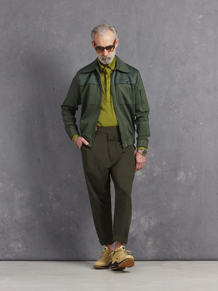 Madeira French Linen Long Sleeve Polo in *Military Olive* (olive green) styled with Dark Military Olive Retinol Pant and Military Olive Mazarin Edit Drücken Track Jacket — full length lookbook | Y.Chroma