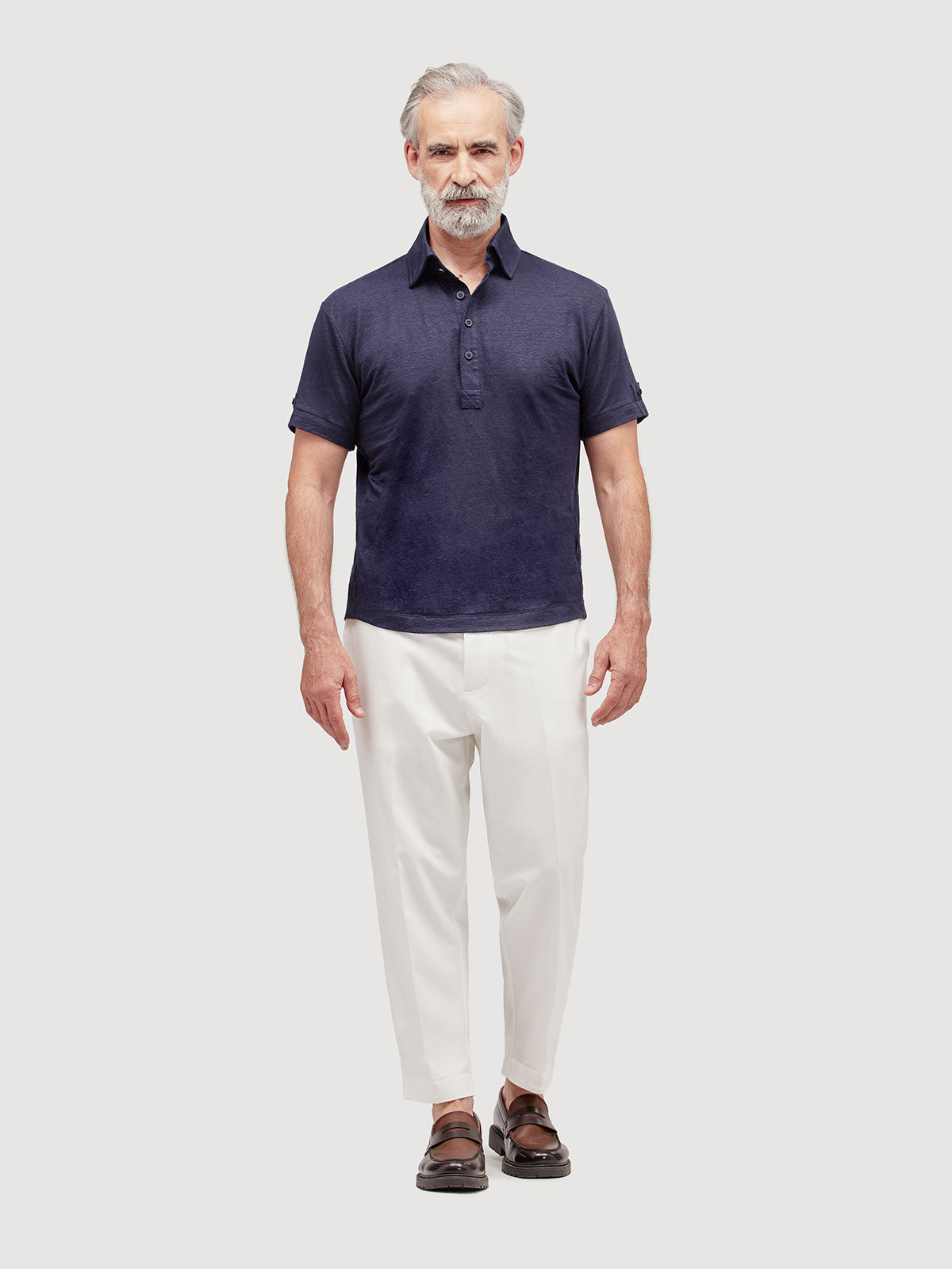 Madeira French Linen Short Sleeve Polo in *Midnight Blue* (navy blue) — full length front view | Y.Chroma
