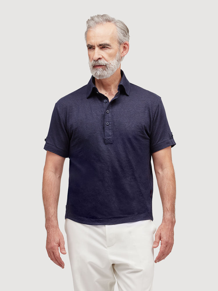 Madeira French Linen Short Sleeve Polo in *Midnight Blue* (navy blue) — front detail view | Y.Chroma