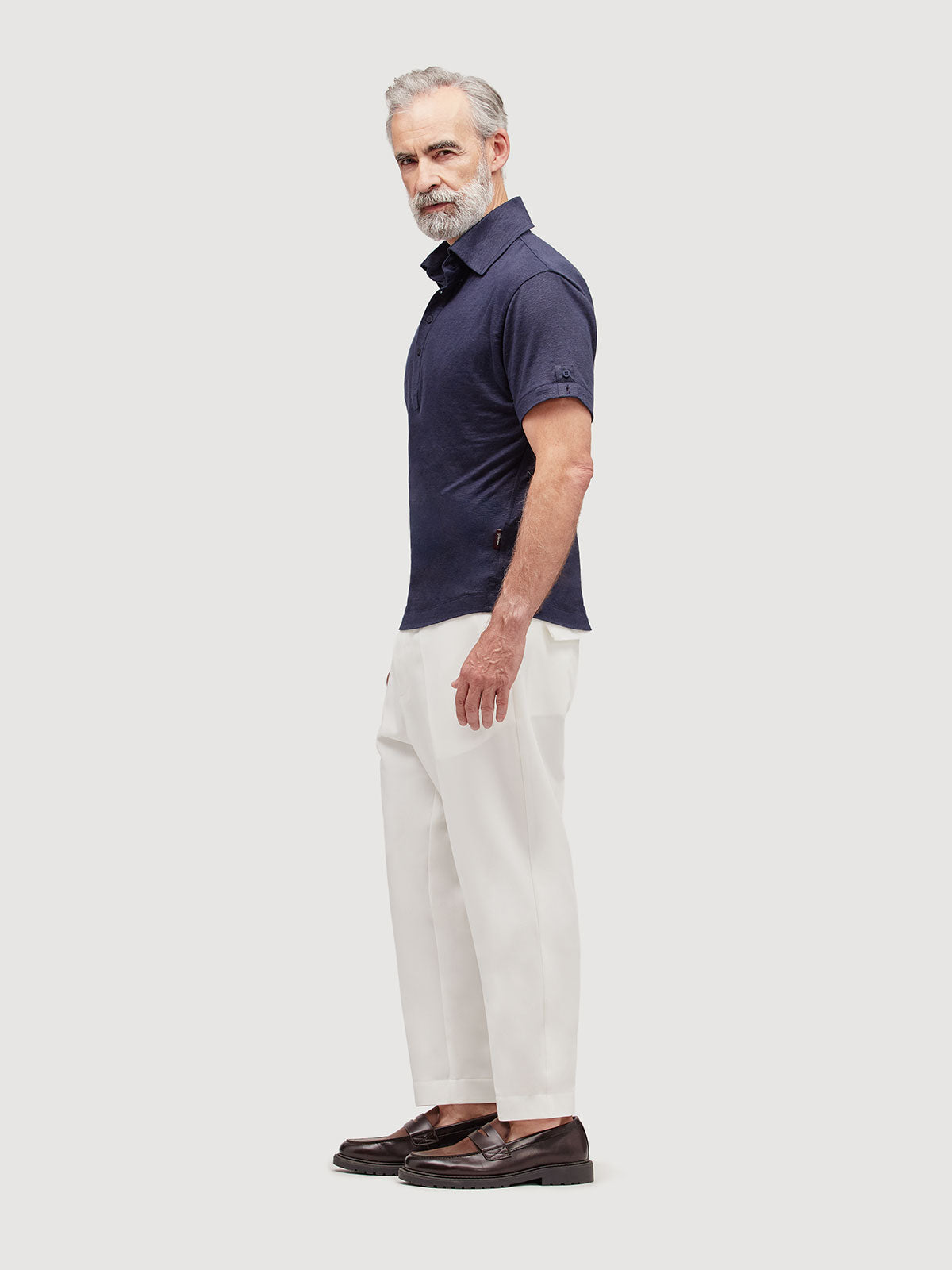 Madeira French Linen Short Sleeve Polo in *Midnight Blue* (navy blue) — side view | Y.Chroma