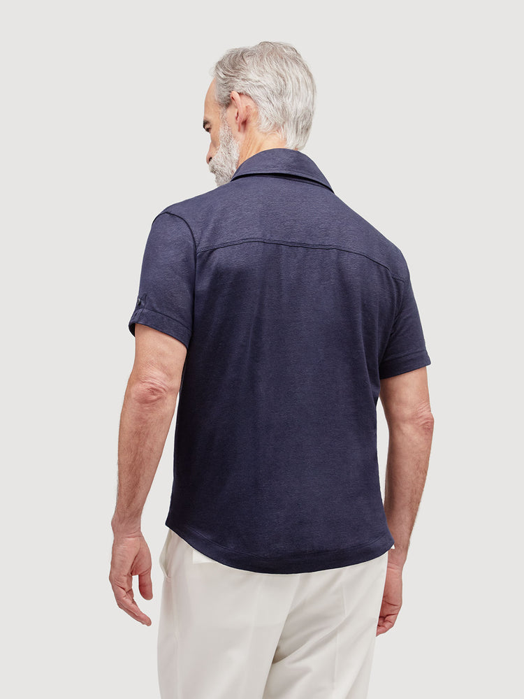 Madeira French Linen Short Sleeve Polo in *Midnight Blue* (navy blue) — back detail view | Y.Chroma