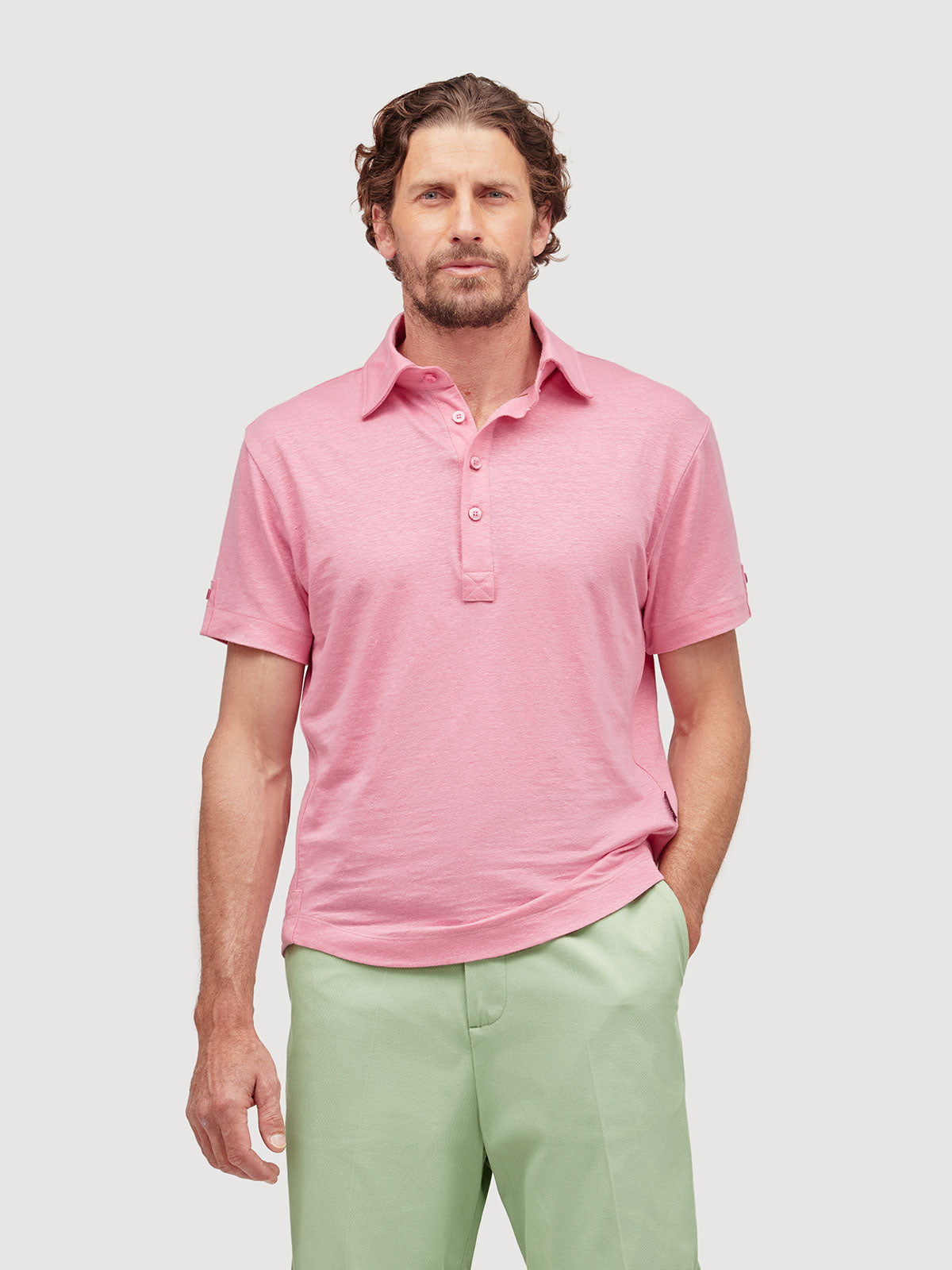 Madeira French Linen Short Sleeve Polo in *Quartz Pink* (dusty pink) — front detail view | Y.Chroma
