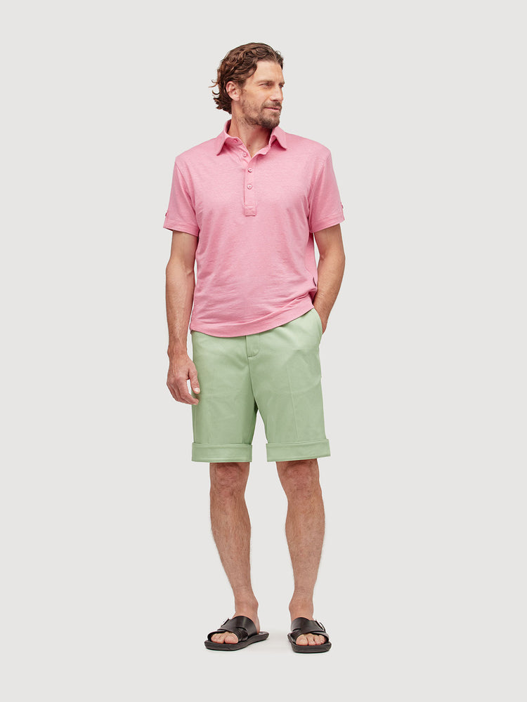Madeira French Linen Short Sleeve Polo in *Quartz Pink* (dusty pink) — full length front view | Y.Chroma