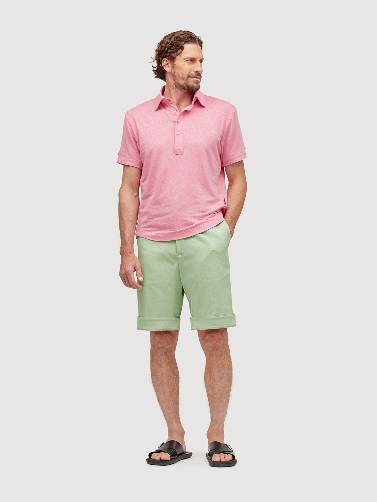 Madeira French Linen Short Sleeve Polo in *Quartz Pink* (dusty pink) — full length front view | Y.Chroma