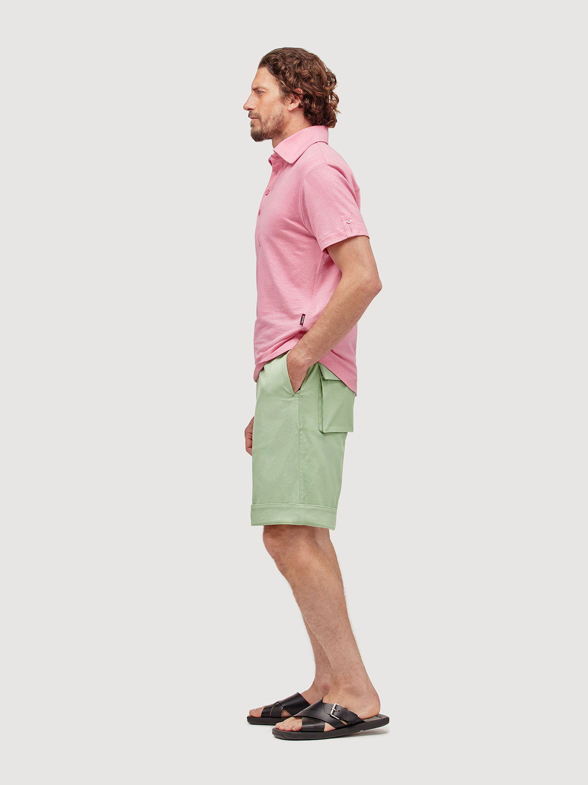 Madeira French Linen Short Sleeve Polo in *Quartz Pink* (dusty pink) — side view | Y.Chroma