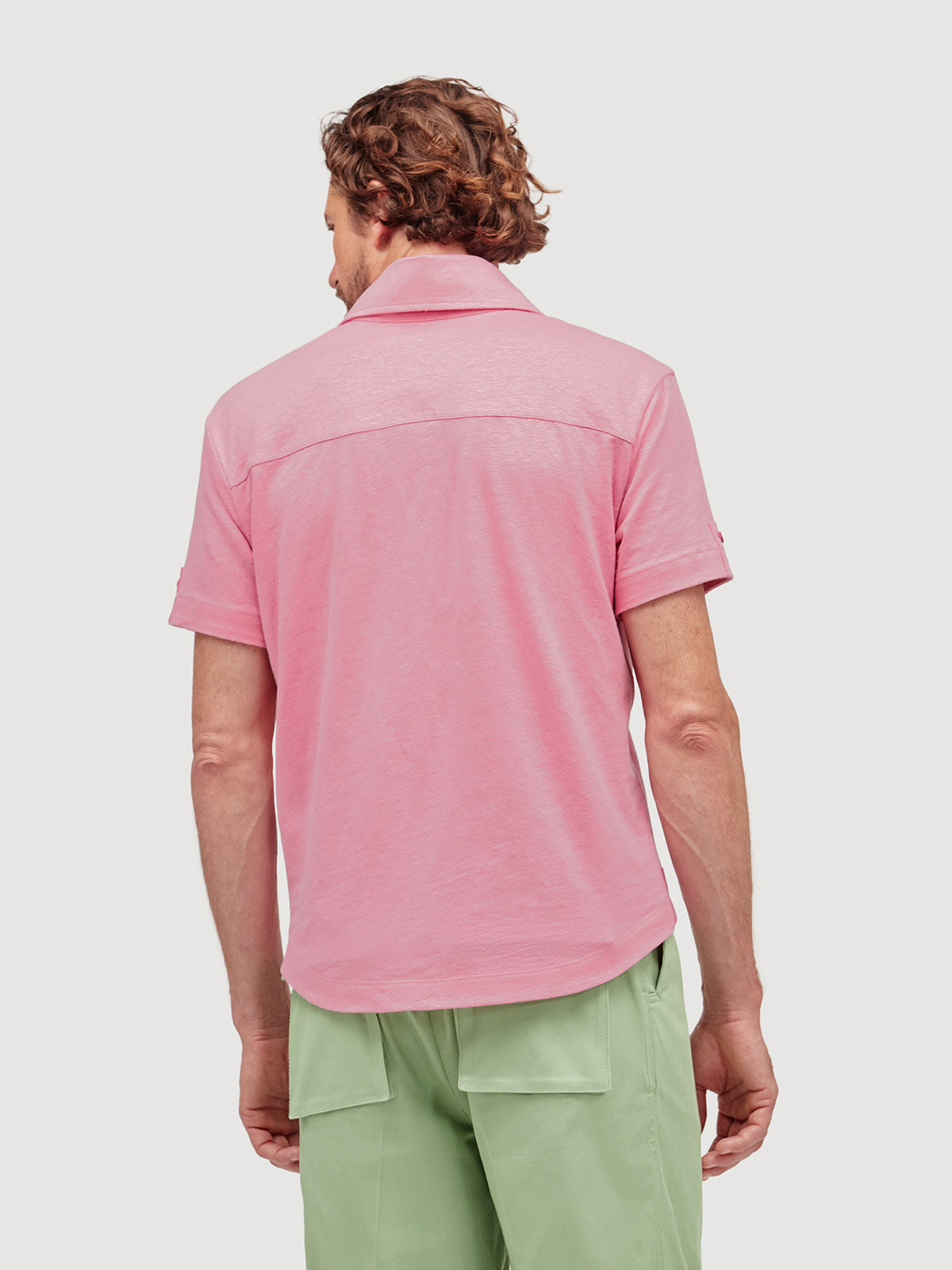 Madeira French Linen Short Sleeve Polo in *Quartz Pink* (dusty pink) — back detail view | Y.Chroma