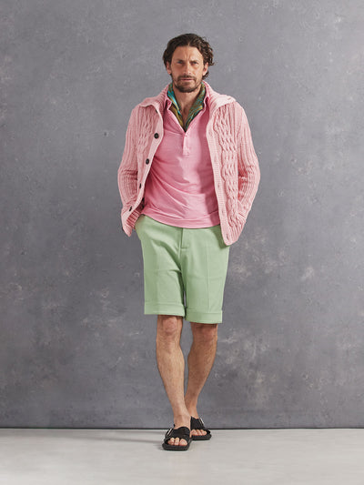 Madeira French Linen Short Sleeve Polo in *Quartz Pink* (dusty pink) styled with Basil Becker Short and Quartz Pink Power Cable Sweater 2023 Edition — full length lookbook | Y.Chroma