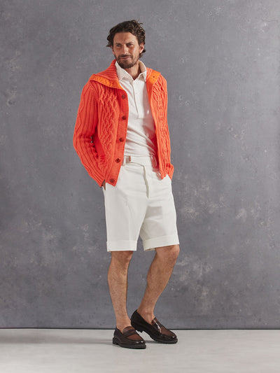 Madeira French Linen Short Sleeve Polo in *White Lotus* (off-white) styled with White Lotus Retinol Pant and Creamsicke Orange Power Cable Sweater 2026 Edition — full length lookbook | Y.Chroma