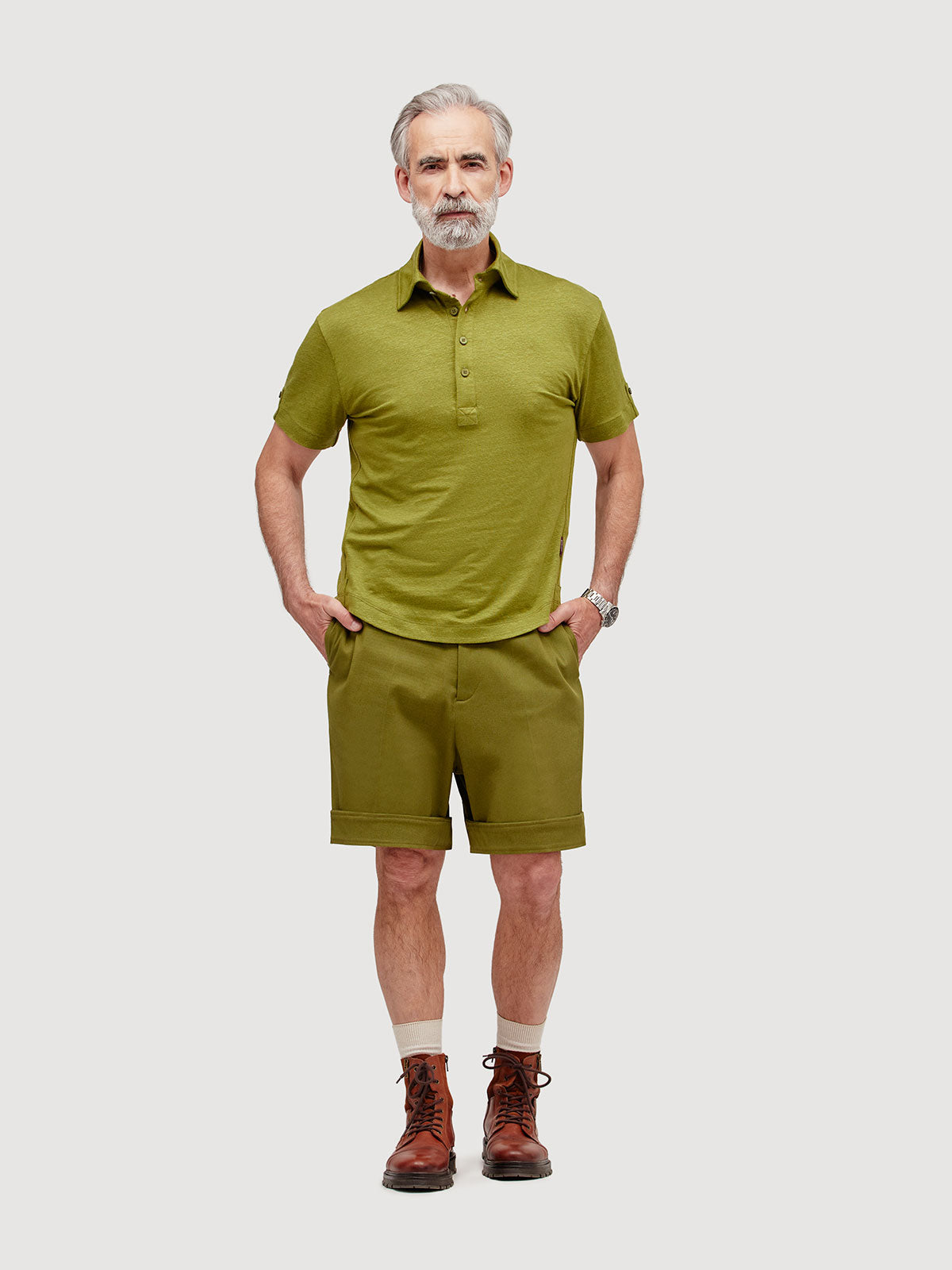 Madeira French Linen Short Sleeve Polo in *Military Olive* (olive green) — full length front view | Y.Chroma