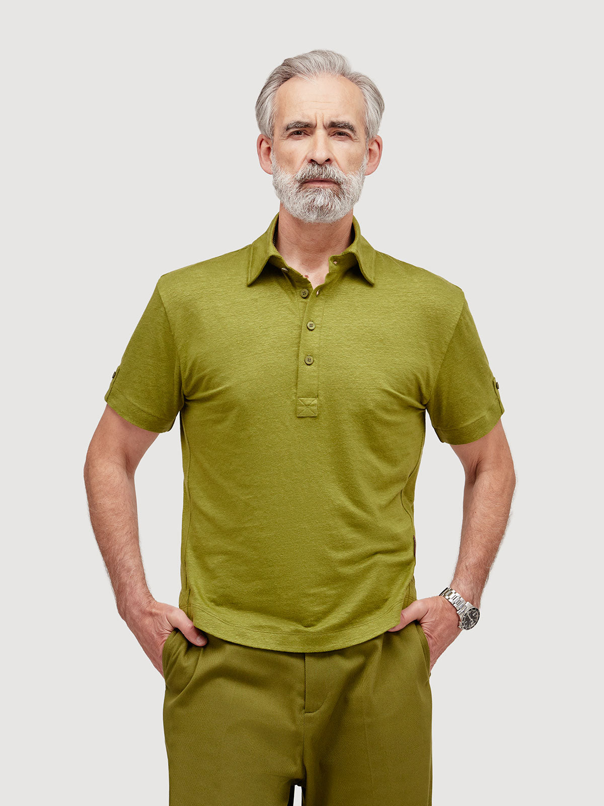 Madeira French Linen Short Sleeve Polo in *Military Olive* (olive green) — front detail view | Y.Chroma